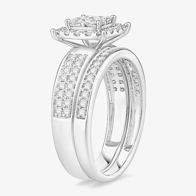 (I / Si1) 3PC Trio Set Featuring 1 1/2 CT. T.W. Lab Grown White Diamond 10K White Gold Side Stone Wedding Bridal Set