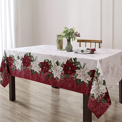 Elrene Home Fashions Clarette Poinsettia Holiday Fabric Tablecloth