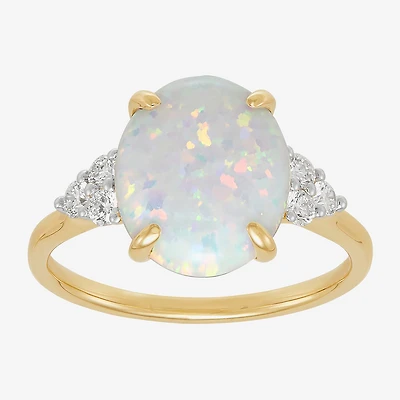 Womens Lab Created White Opal 14K Gold Over Silver Oval Side Stone Cocktail Ring
