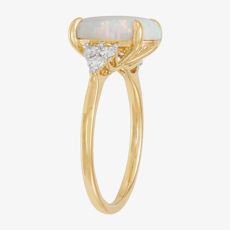 Womens Lab Created White Opal 14K Gold Over Silver Oval Side Stone Cocktail Ring