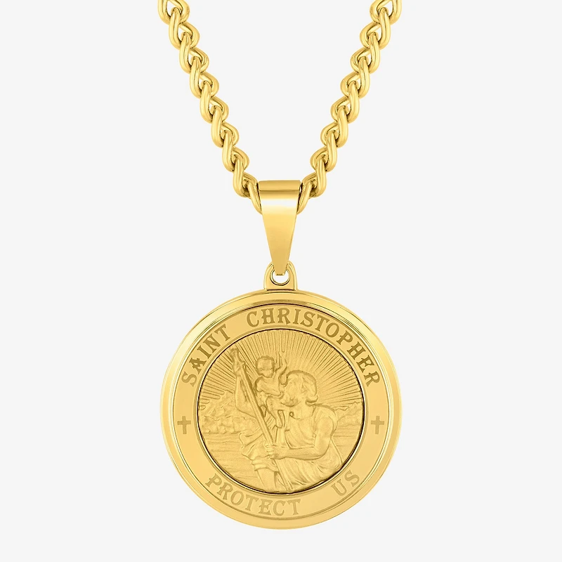 St. Christopher Medallion Mens Stainless Steel Round 24 Inch Pendant Necklace