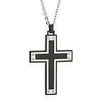 Mens Stainless Steel & Black IP w/Carbon Fiber Inlay Cross Pendant Necklace