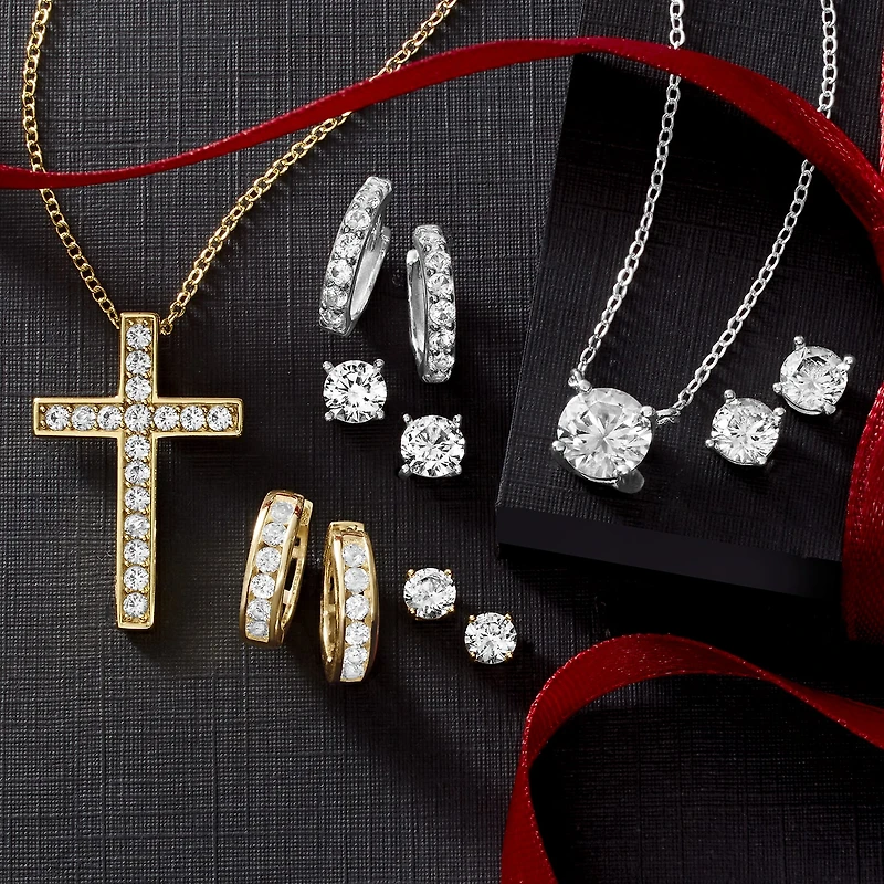 Yes, Please! Womens Lab Created White Sapphire 14K Gold Over Silver Round 2 Pair Earring Set