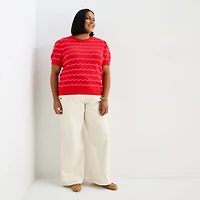 St. John's Bay Plus Womens Crew Neck Short Sleeve Striped Pullover Sweater