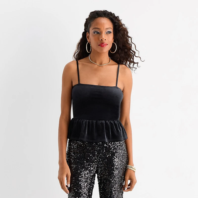 Jingle Ball Womens Square Neck Sleeveless Peplum Top