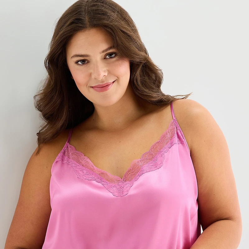 Ambrielle Womens Satin V-Neck 2-pc. Plus Pajama Set