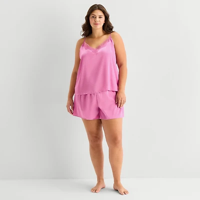 Ambrielle Womens Satin V-Neck 2-pc. Plus Pajama Set