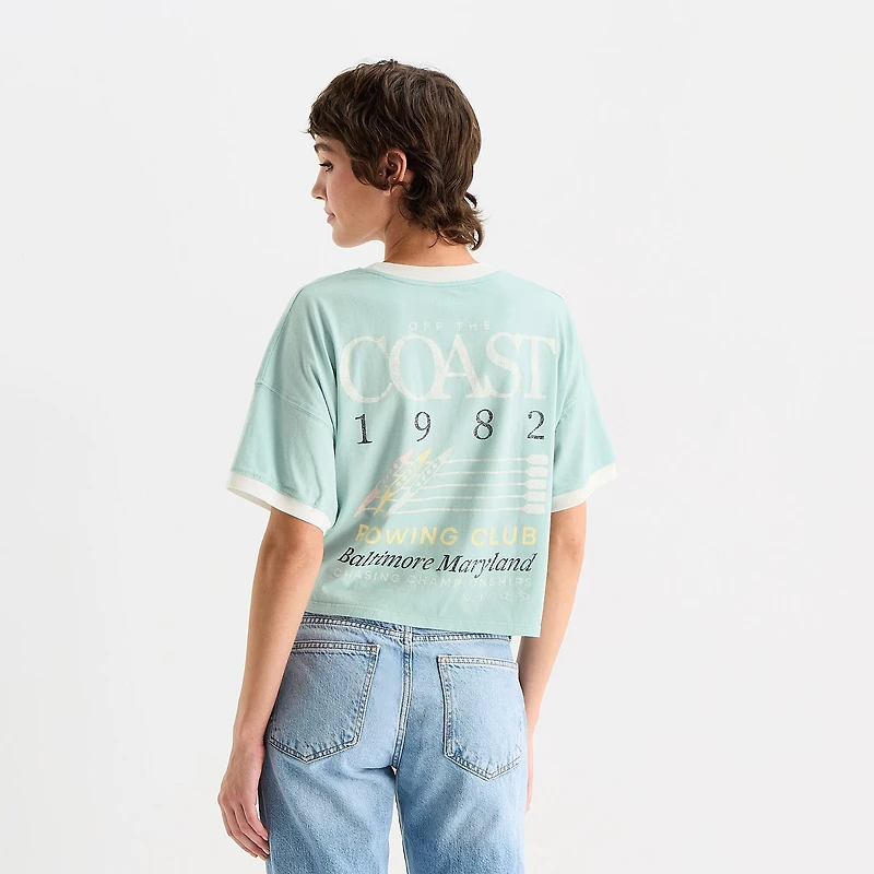 Arizona Womens Juniors V Neck Short Sleeve Oversized Graphic T-Shirt