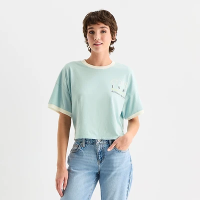 Arizona Womens Juniors V Neck Short Sleeve Oversized Graphic T-Shirt