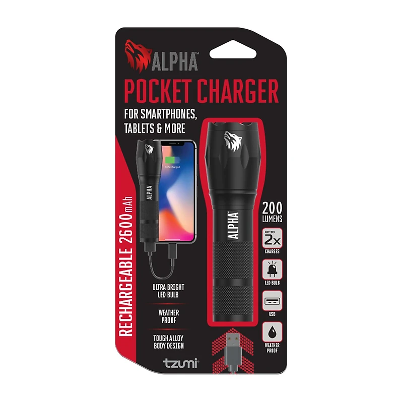 Tzumi Alpha Pocket Charger 2,600 mAh Flashlight Power Bank