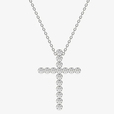 Floating Diamonds (F / Vs2) Womens 1 CT. T.W. Lab Grown White Diamond 14K Gold Cross 18 Inch Pendant Necklace