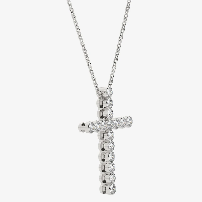 Floating Diamonds (F / Vs2) Womens 1 CT. T.W. Lab Grown White Diamond 14K Gold Cross 18 Inch Pendant Necklace
