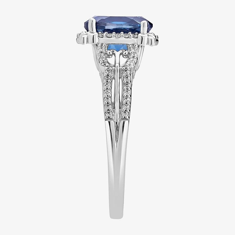 Enchanted Disney Fine Jewelry Womens 1/5 CT. Lab Created Blue Topaz Sterling Silver Cinderella Side Stone Solitaire Cocktail Ring