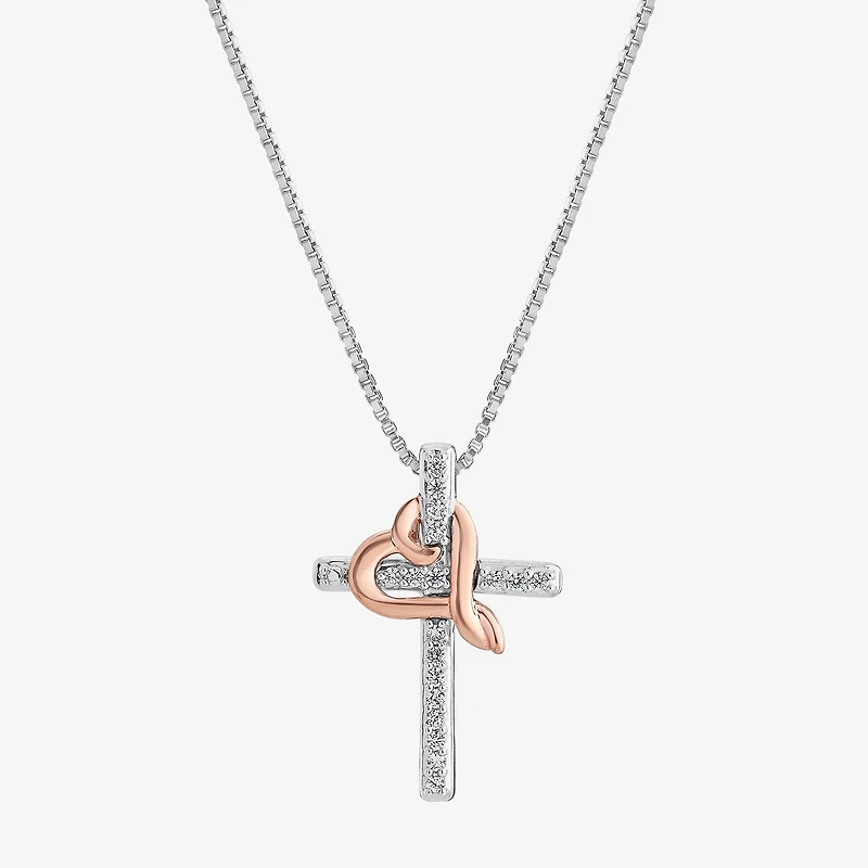 Hallmark Diamonds Womens Diamond Accent Natural White Diamond 14K Two Tone Gold Over Silver Cross Heart 18 Inch Pendant Necklace