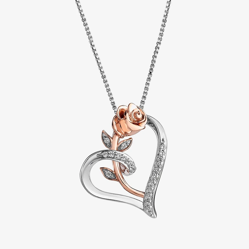 Enchanted Disney Fine Jewelry Womens 1/10 CT. T.W. Natural White Diamond 14K Rose Gold Over Silver Flower Heart 18 Inch Pendant Necklace