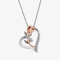 Enchanted Disney Fine Jewelry Womens 1/10 CT. T.W. Natural White Diamond 14K Rose Gold Over Silver Flower Heart 18 Inch Pendant Necklace