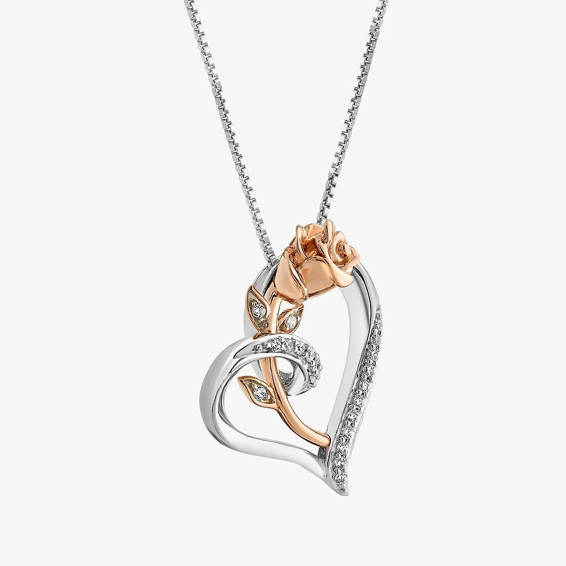 Enchanted Disney Fine Jewelry Womens 1/10 CT. T.W. Natural White Diamond 14K Rose Gold Over Silver Flower Heart 18 Inch Pendant Necklace