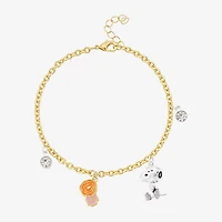 Womens Crystal 10K Gold Over Brass Flower Peanuts Snoopy Charm Bracelet
