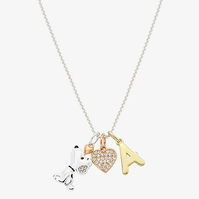 Peanuts Initial Womens Cubic Zirconia 10K Gold Over Brass Pure Silver Heart 16 Inch Charm Pendant Necklace