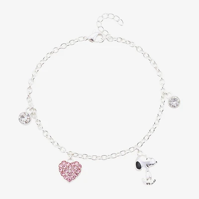 Womens Crystal Pure Silver Over Brass Heart Peanuts Snoopy Charm Bracelet