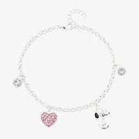 Womens Crystal Pure Silver Over Brass Heart Peanuts Snoopy Charm Bracelet