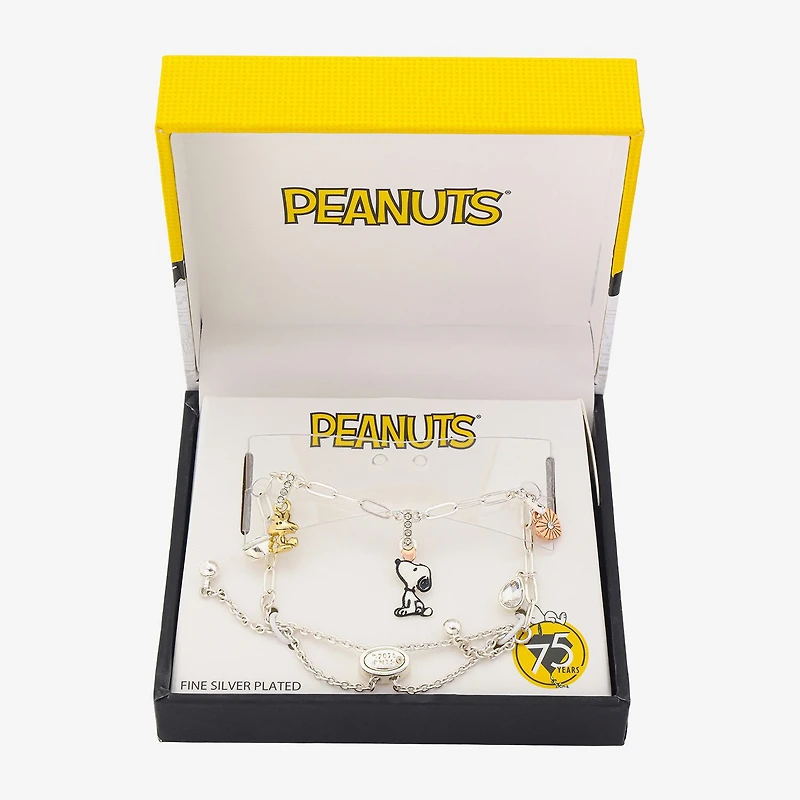 Womens Crystal 10K Gold Over Brass 10K Rose Gold Over Silver Heart Peanuts Snoopy Charm Bracelet
