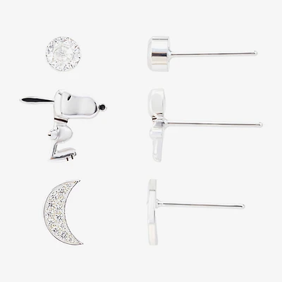 Womens Cubic Zirconia Moon Round Peanuts Snoopy 3 Pair Earring Set