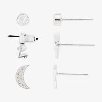 Womens Cubic Zirconia Moon Round Peanuts Snoopy 3 Pair Earring Set