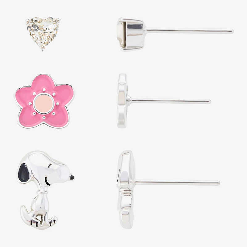 Womens Crystal Flower Heart Peanuts Snoopy 3 Pair Earring Set