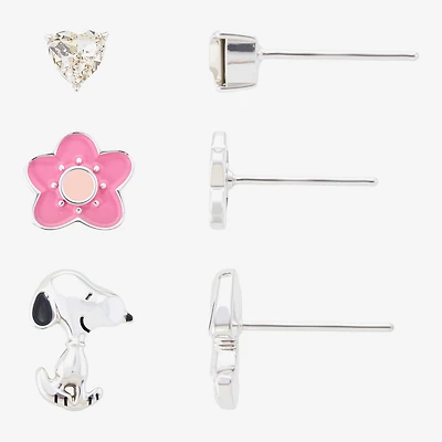 Womens Crystal Flower Heart Peanuts Snoopy 3 Pair Earring Set