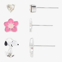 Womens Crystal Flower Heart Peanuts Snoopy 3 Pair Earring Set