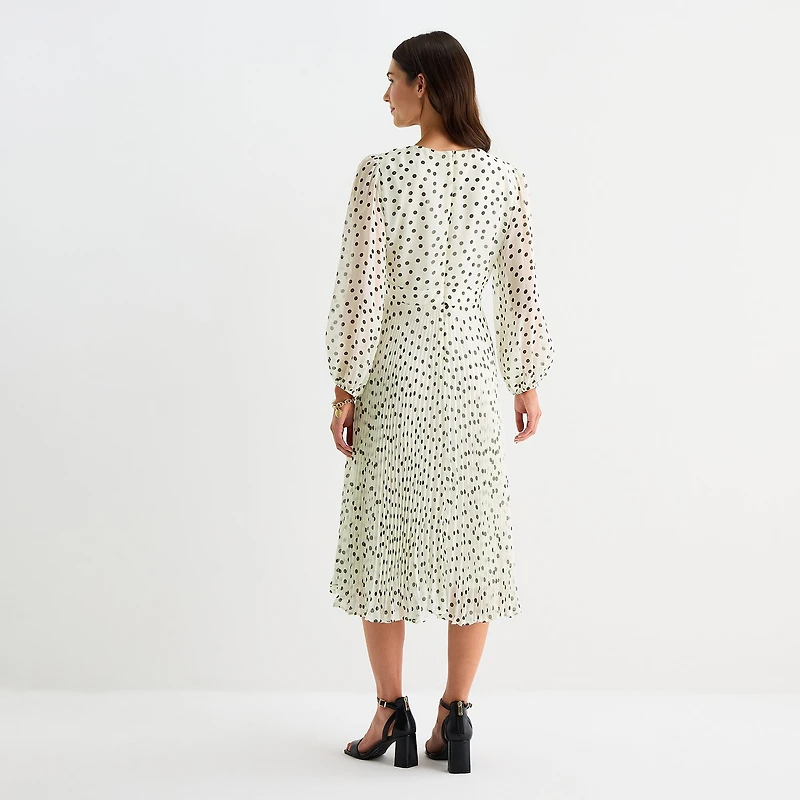 Danny & Nicole Womens Midi Asymmetrical Neck Long Sleeve Balloon Dots Fit + Flare Dress