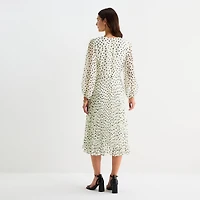 Danny & Nicole Womens Midi Asymmetrical Neck Long Sleeve Balloon Dots Fit + Flare Dress