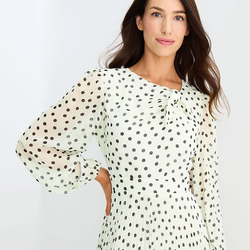 Danny & Nicole Womens Midi Asymmetrical Neck Long Sleeve Balloon Dots Fit + Flare Dress