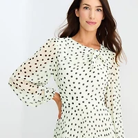 Danny & Nicole Womens Midi Asymmetrical Neck Long Sleeve Balloon Dots Fit + Flare Dress