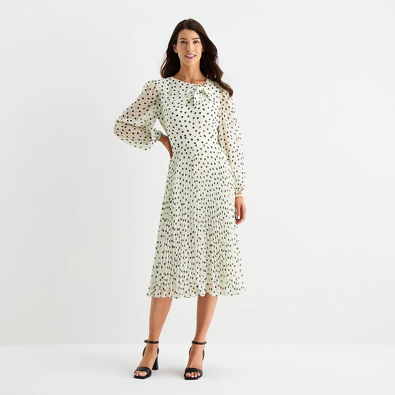 Danny & Nicole Womens Midi Asymmetrical Neck Long Sleeve Balloon Dots Fit + Flare Dress