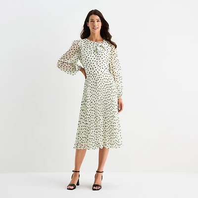 Danny & Nicole Womens Midi Asymmetrical Neck Long Sleeve Balloon Dots Fit + Flare Dress