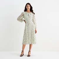 Danny & Nicole Womens Midi Asymmetrical Neck Long Sleeve Balloon Dots Fit + Flare Dress