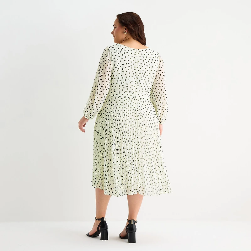 Danny & Nicole Womens Plus Midi Asymmetrical Neck Long Sleeve Balloon Polka Dot Fit + Flare Dress
