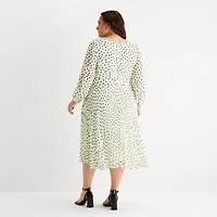Danny & Nicole Womens Plus Midi Asymmetrical Neck Long Sleeve Balloon Polka Dot Fit + Flare Dress