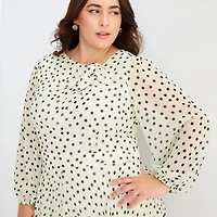 Danny & Nicole Womens Plus Midi Asymmetrical Neck Long Sleeve Balloon Polka Dot Fit + Flare Dress