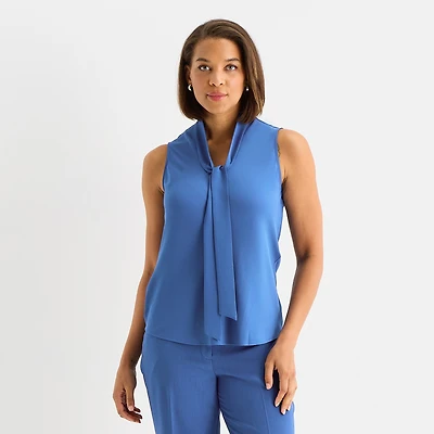 Black Label by Evan-Picone Womens Split Tie Neck Sleeveless Blouse
