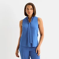 Black Label by Evan-Picone Womens Split Tie Neck Sleeveless Blouse