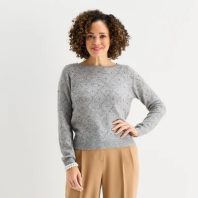 Liz Claiborne Womens Boat Neck Long Sleeve Pullover Sweater