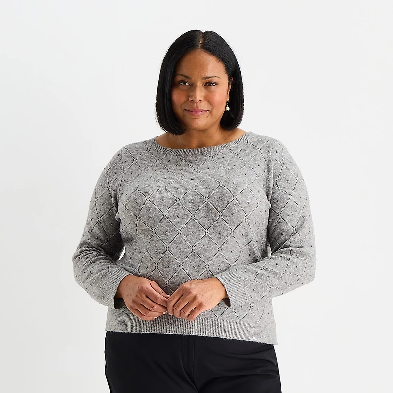 Liz Claiborne Plus Womens Crew Neck Long Sleeve Pullover Sweater