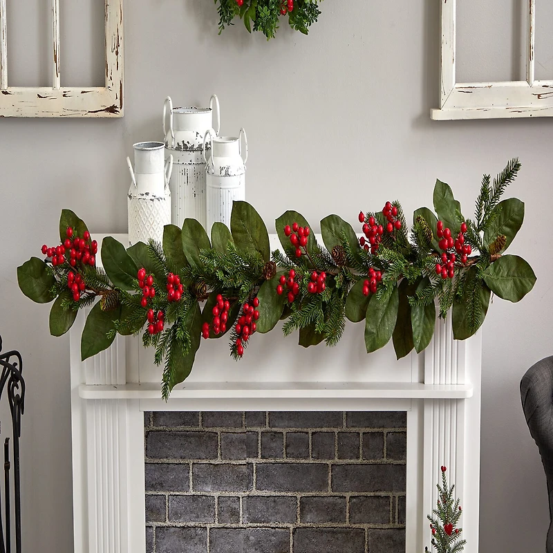 Nearly Natural 5ft. Magnolia Berry Pine Christmas Indoor Garland
