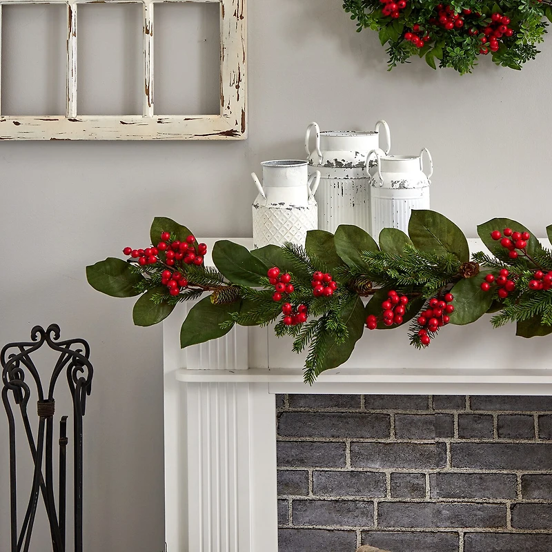 Nearly Natural 5ft. Magnolia Berry Pine Christmas Indoor Garland