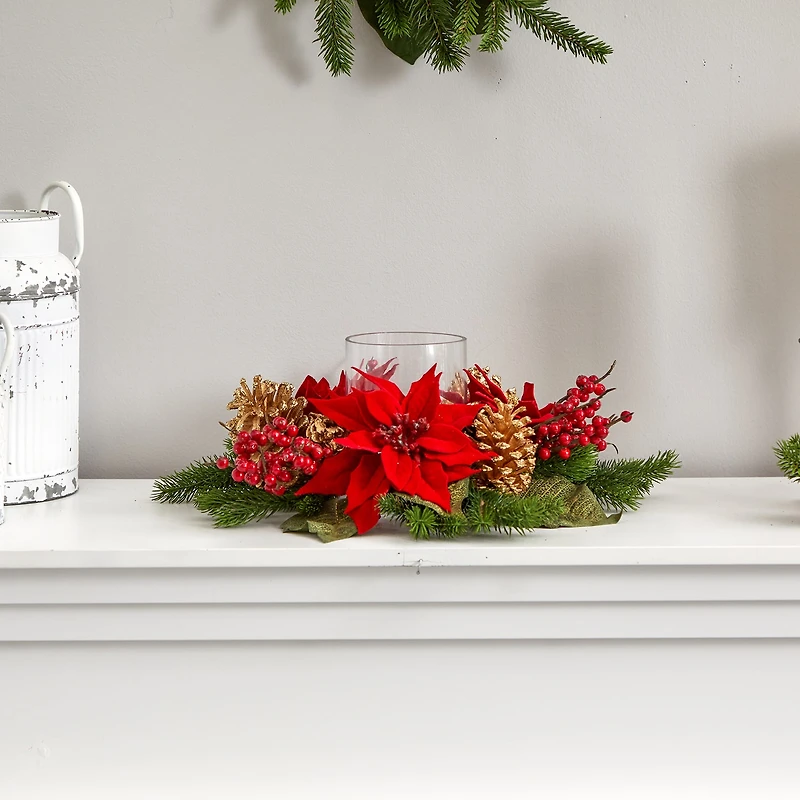 Nearly Natural Poinsettia; Berry And Golden Pinecone Christmas Tabletop Decor