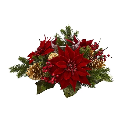 Nearly Natural Poinsettia; Berry And Golden Pinecone Christmas Tabletop Decor