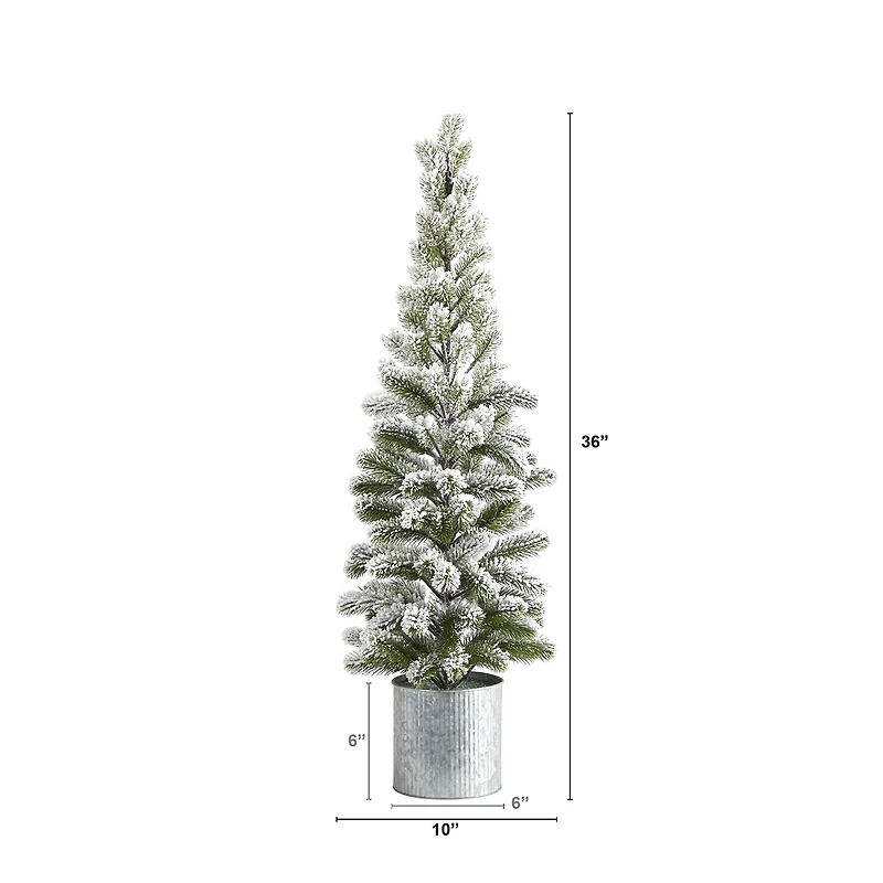 Nearly Natural 3 Foot Flocked Pine In Tin Planter Christmas Tree